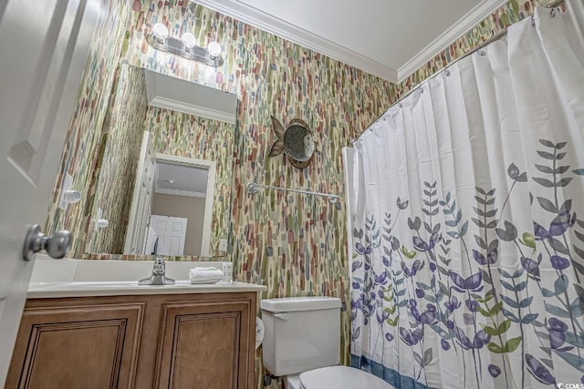 bathroom featuring wallpapered walls, toilet, a shower with shower curtain, ornamental molding, and vanity