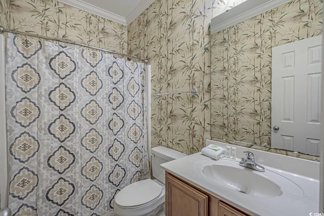 full bathroom with wallpapered walls, crown molding, toilet, a shower with curtain, and vanity