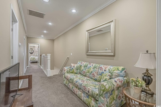 living room with recessed lighting, visible vents, ornamental molding, and carpet floors