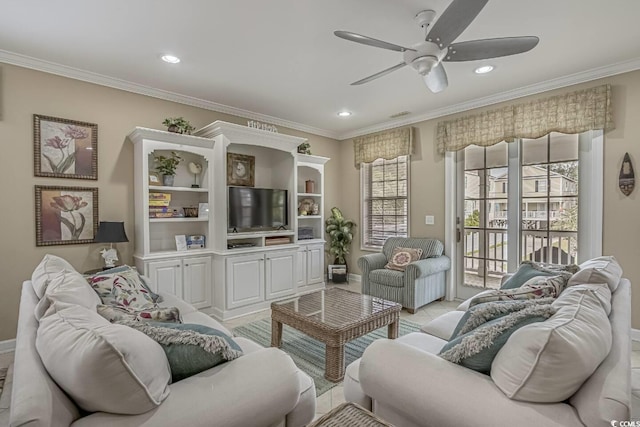 living room with recessed lighting, a ceiling fan, baseboards, and ornamental molding