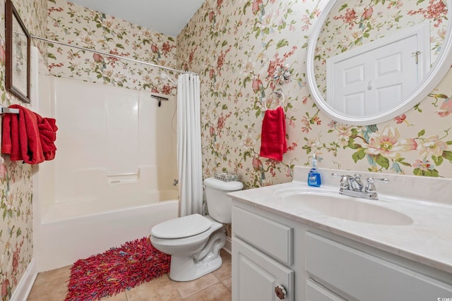 full bathroom featuring vanity, wallpapered walls, tile patterned flooring, shower / tub combo, and toilet