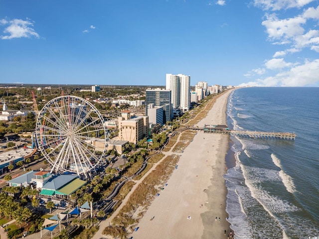 bird's eye view with a view of the beach and a water view