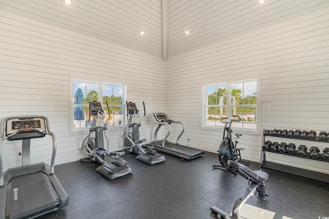 exercise room featuring wood walls