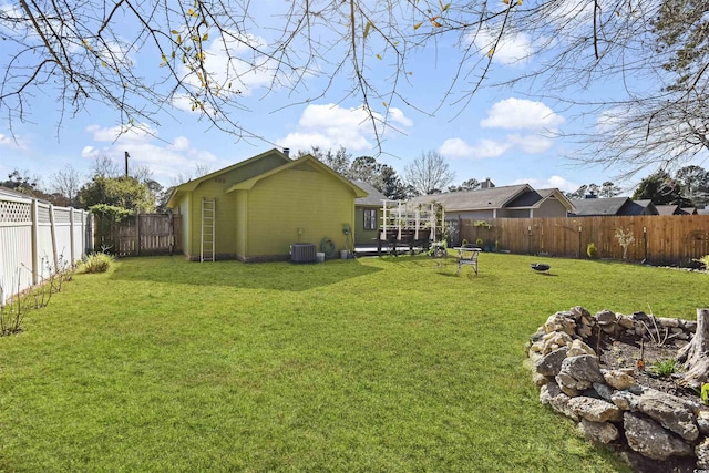 view of yard with central air condition unit and a fenced backyard