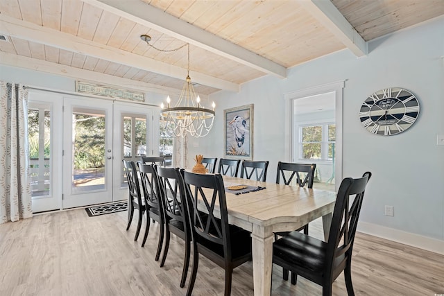 dining room featuring beam ceiling, an inviting chandelier, light wood finished floors, baseboards, and wood ceiling