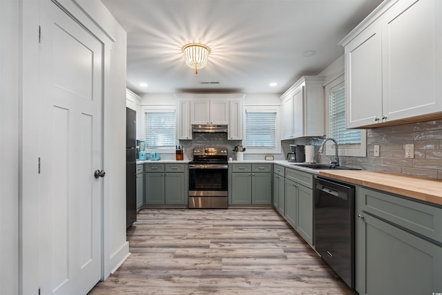 kitchen with a sink, under cabinet range hood, appliances with stainless steel finishes, light wood-type flooring, and backsplash