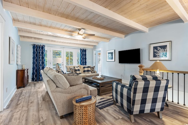 living room with french doors, beam ceiling, and wood finished floors