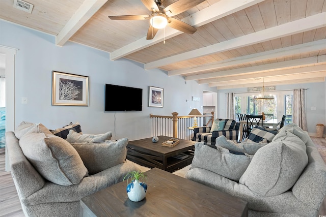 living room featuring wood finished floors, visible vents, wood ceiling, beamed ceiling, and ceiling fan with notable chandelier