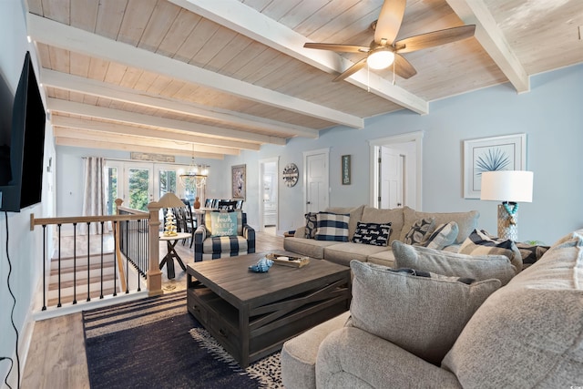 living area featuring beamed ceiling, ceiling fan with notable chandelier, wood ceiling, and wood finished floors