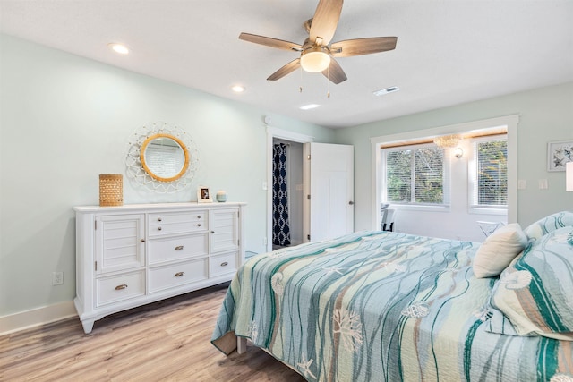 bedroom with light wood-type flooring, visible vents, recessed lighting, baseboards, and ceiling fan