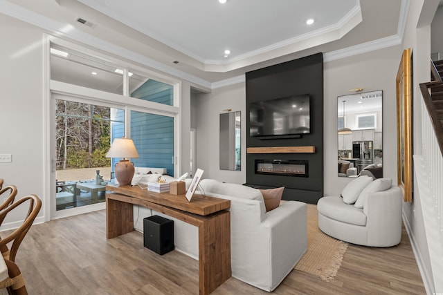 living area with a large fireplace, a raised ceiling, wood finished floors, and crown molding