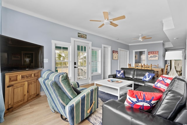 living area featuring ceiling fan, light wood-type flooring, and ornamental molding