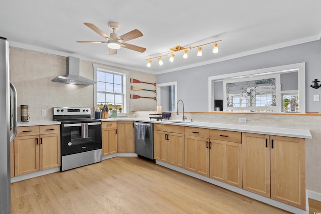 kitchen with light brown cabinets, a sink, light wood-style floors, appliances with stainless steel finishes, and wall chimney range hood