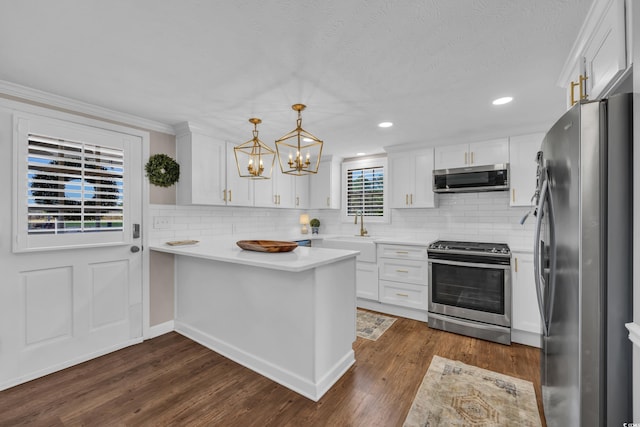 kitchen with white cabinetry, light countertops, dark wood-style floors, and stainless steel appliances