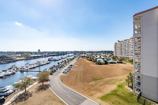 drone / aerial view featuring a water view