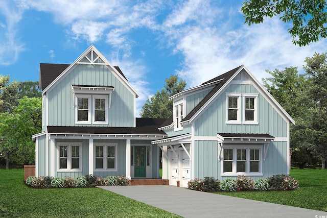 modern farmhouse style home featuring board and batten siding, concrete driveway, and a front yard