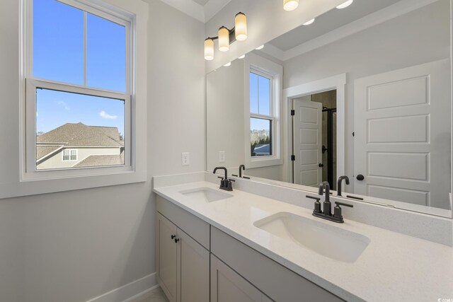 bathroom featuring double vanity, a shower, baseboards, and a sink