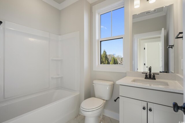 full bathroom with visible vents, tub / shower combination, baseboards, toilet, and vanity