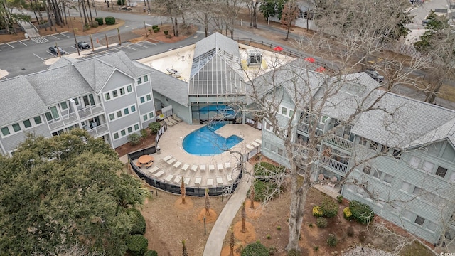 view from above of property with a pool