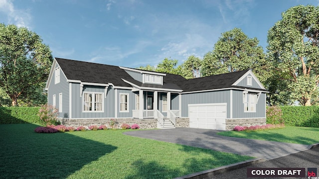 view of front of home with an attached garage, a front lawn, stone siding, aphalt driveway, and board and batten siding