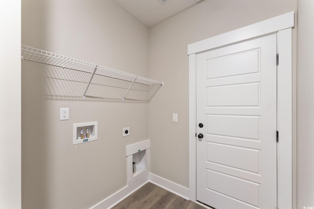 washroom with hookup for a washing machine, baseboards, hookup for an electric dryer, laundry area, and dark wood-type flooring