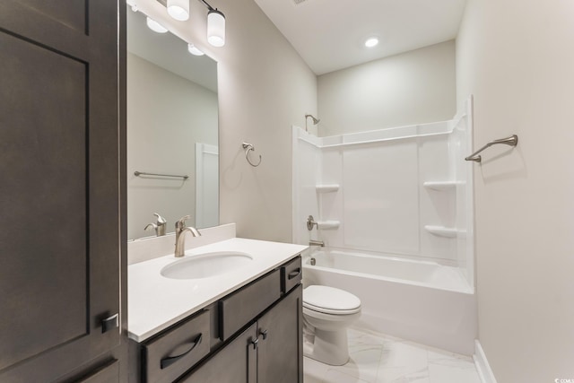 bathroom with baseboards, toilet, bathtub / shower combination, marble finish floor, and vanity