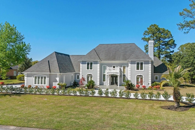 view of front of house featuring french doors, roof with shingles, and a front yard