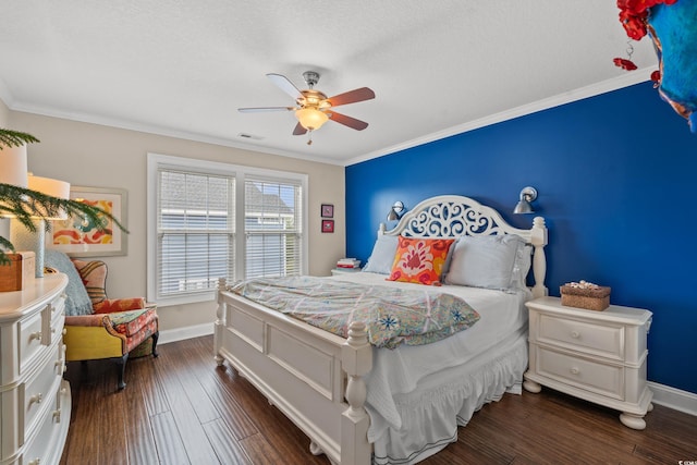 bedroom featuring visible vents, crown molding, baseboards, and dark wood-style flooring