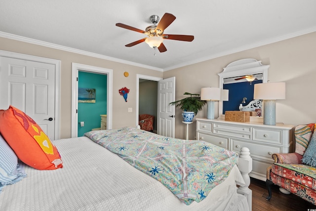 bedroom featuring ornamental molding, ceiling fan, and wood finished floors