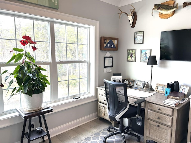 office area with light wood-type flooring and baseboards