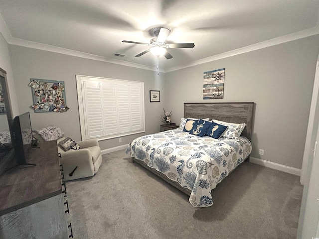 bedroom with crown molding, carpet, visible vents, and baseboards