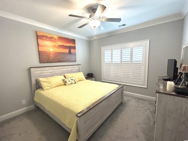 bedroom with light carpet, visible vents, baseboards, and ornamental molding