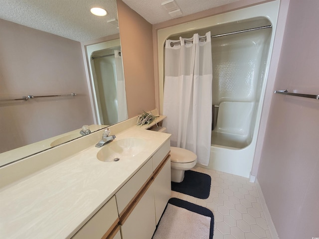 full bath with toilet, shower / bath combo, a textured ceiling, tile patterned flooring, and vanity