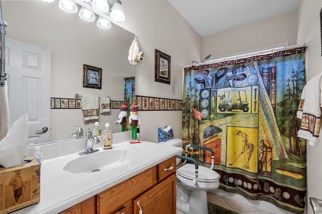 bathroom with a shower with shower curtain, toilet, vanity, and tile patterned flooring