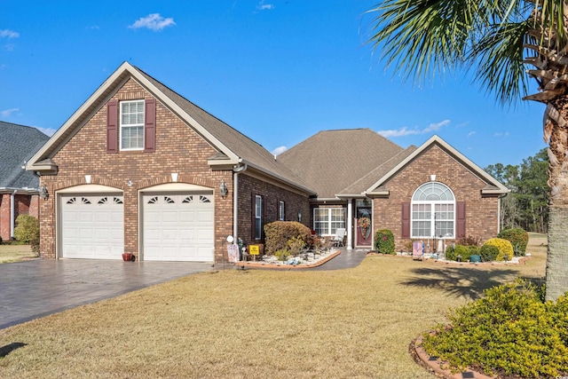 view of front facade featuring aphalt driveway, brick siding, and a front yard