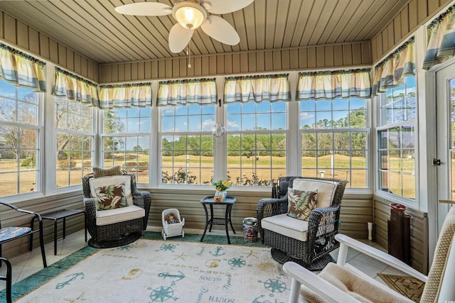 sunroom / solarium with ceiling fan and wooden ceiling
