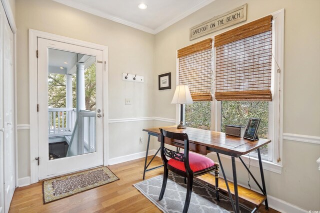 office featuring recessed lighting, baseboards, wood finished floors, and ornamental molding