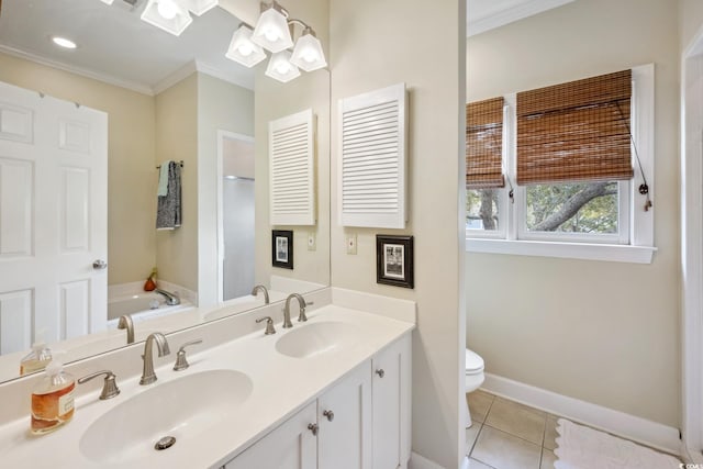 full bath with tile patterned flooring, crown molding, baseboards, and a sink