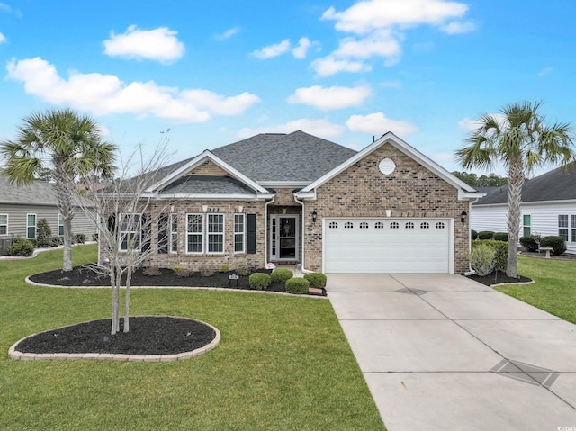 view of front of property with a front lawn, concrete driveway, an attached garage, a shingled roof, and brick siding