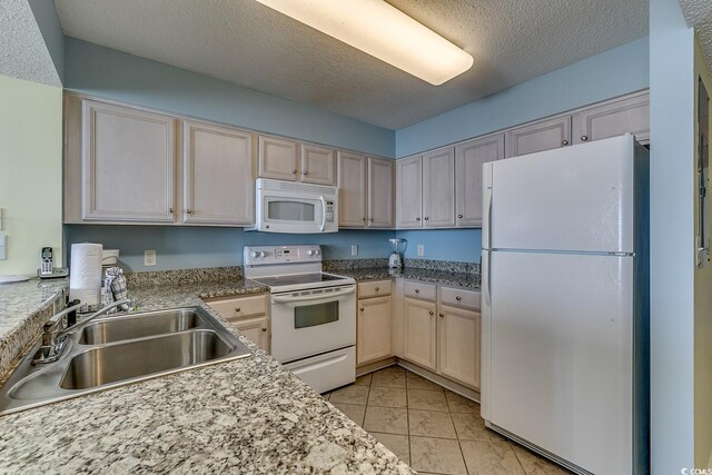1625 S Ocean Blvd Unit 802, North Myrtle Beach, SC 29582 - kitchen with white appliances, a sink, a textured ceiling, light tile patterned floors, and light brown cabinets