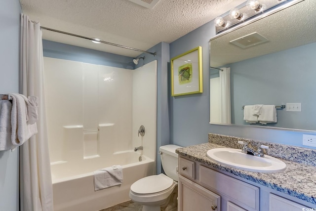 bathroom with shower / bathtub combination with curtain, a textured ceiling, vanity, and toilet