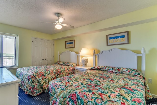 1625 S Ocean Blvd Unit 802, North Myrtle Beach, SC 29582 - carpeted bedroom featuring a textured ceiling, a ceiling fan, and a closet