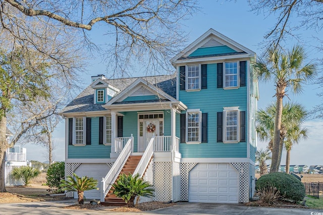 coastal home featuring a chimney, driveway, a porch, an attached garage, and stairs