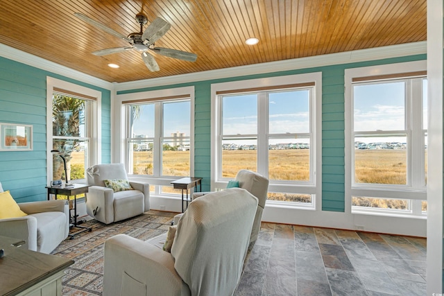 sunroom with a ceiling fan and wood ceiling