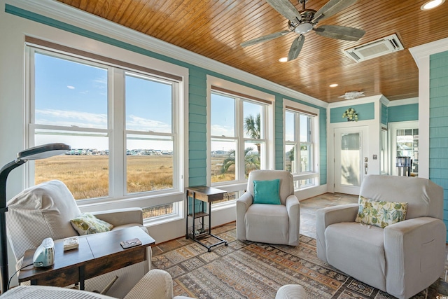 sunroom with ceiling fan, visible vents, and wooden ceiling