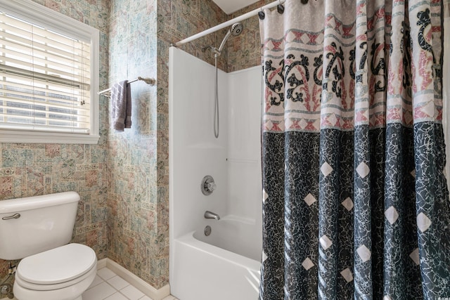 full bathroom with tile patterned floors, shower / bath combination with curtain, wallpapered walls, and toilet