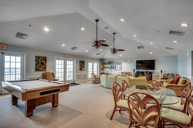 rec room featuring visible vents and french doors