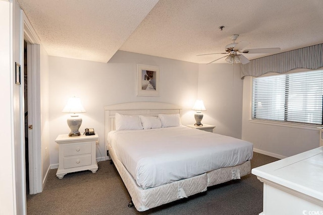 bedroom featuring carpet floors, a textured ceiling, baseboards, and ceiling fan