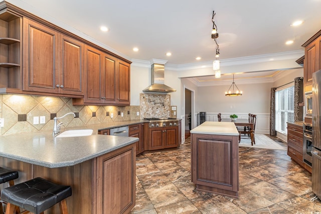 kitchen featuring wall chimney exhaust hood, open shelves, a sink, a peninsula, and ornamental molding