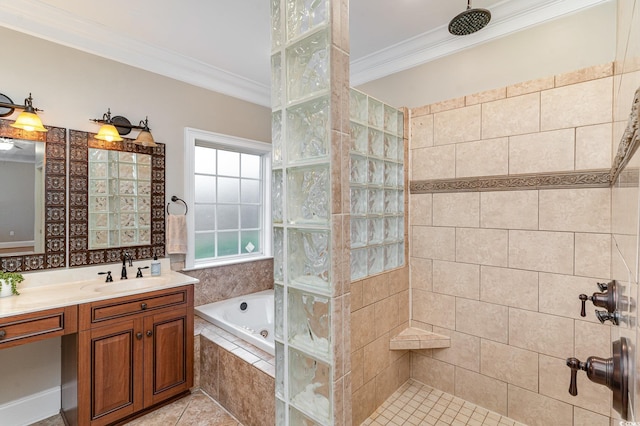 full bath with tile patterned floors, a garden tub, a walk in shower, crown molding, and vanity